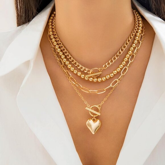 Layered Gold Necklace Set for Women Non Tarnish Chunky Paperclip Heart Pendant - Picture 4 of 7